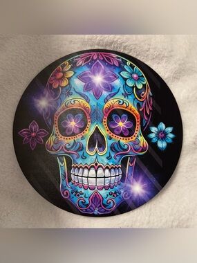Sugar Skull Day of the Dead Decorative Round Metal Sign Pre-Drilled Purple Teal